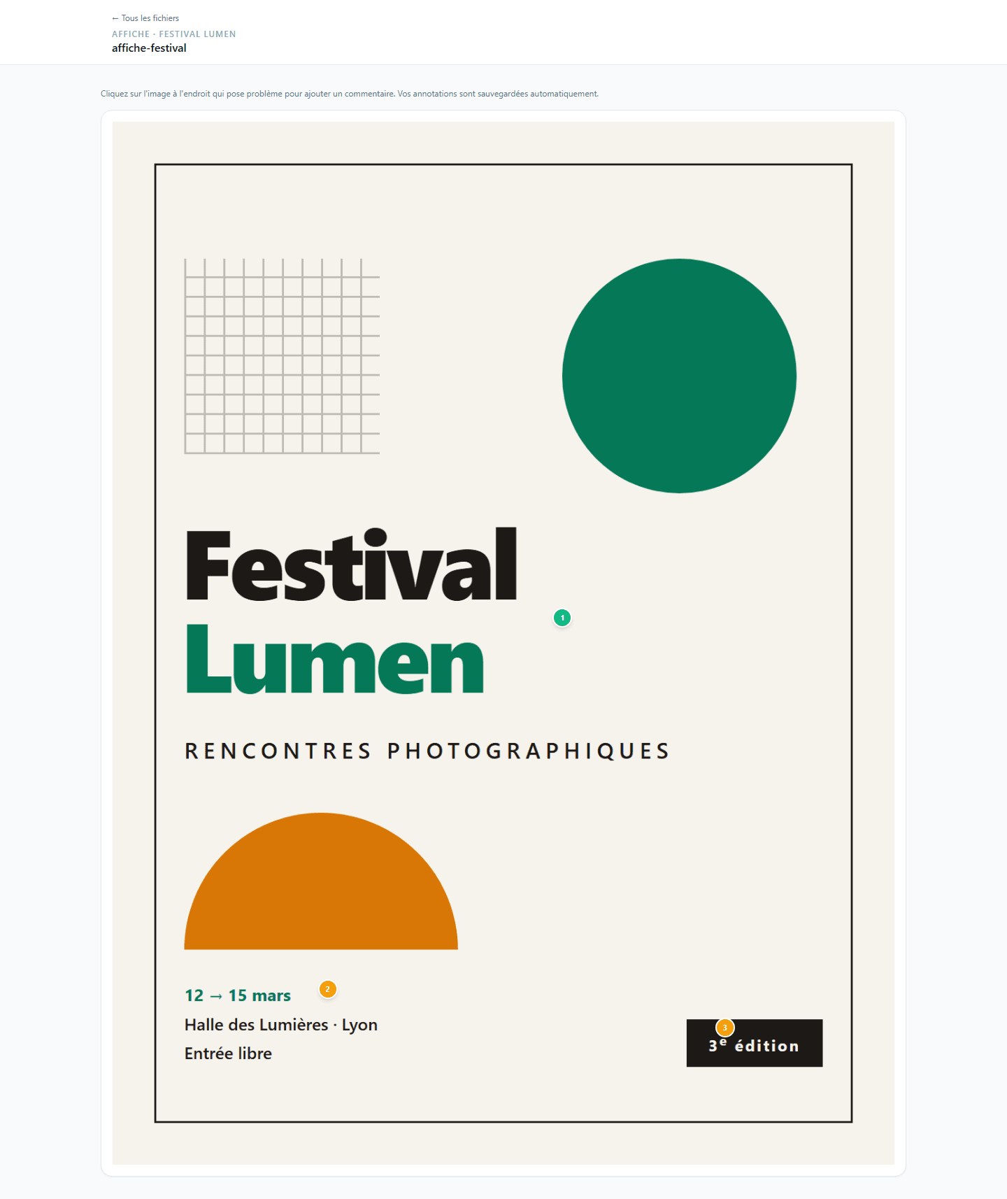 Vue de relecture d'une affiche dans annot.me, avec trois marqueurs d'annotation numérotés posés sur le visuel